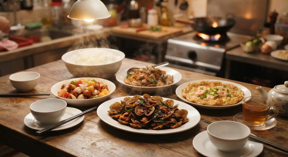 Home-style Malaysian Chinese dishes with rice and Chinese tea